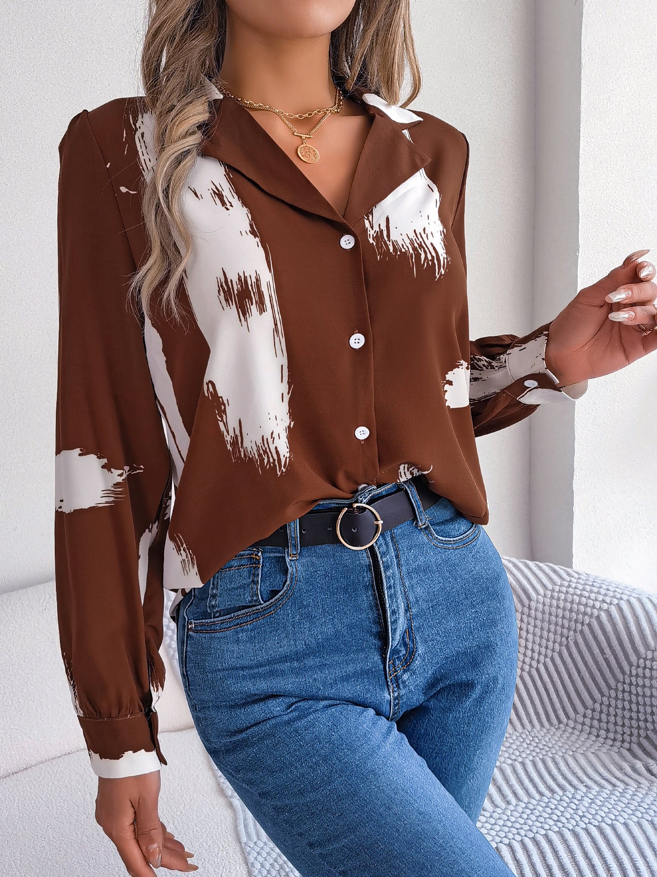 Autumn Winter Contrast Color Striped Collar Long Sleeve Shirt Women Clothing