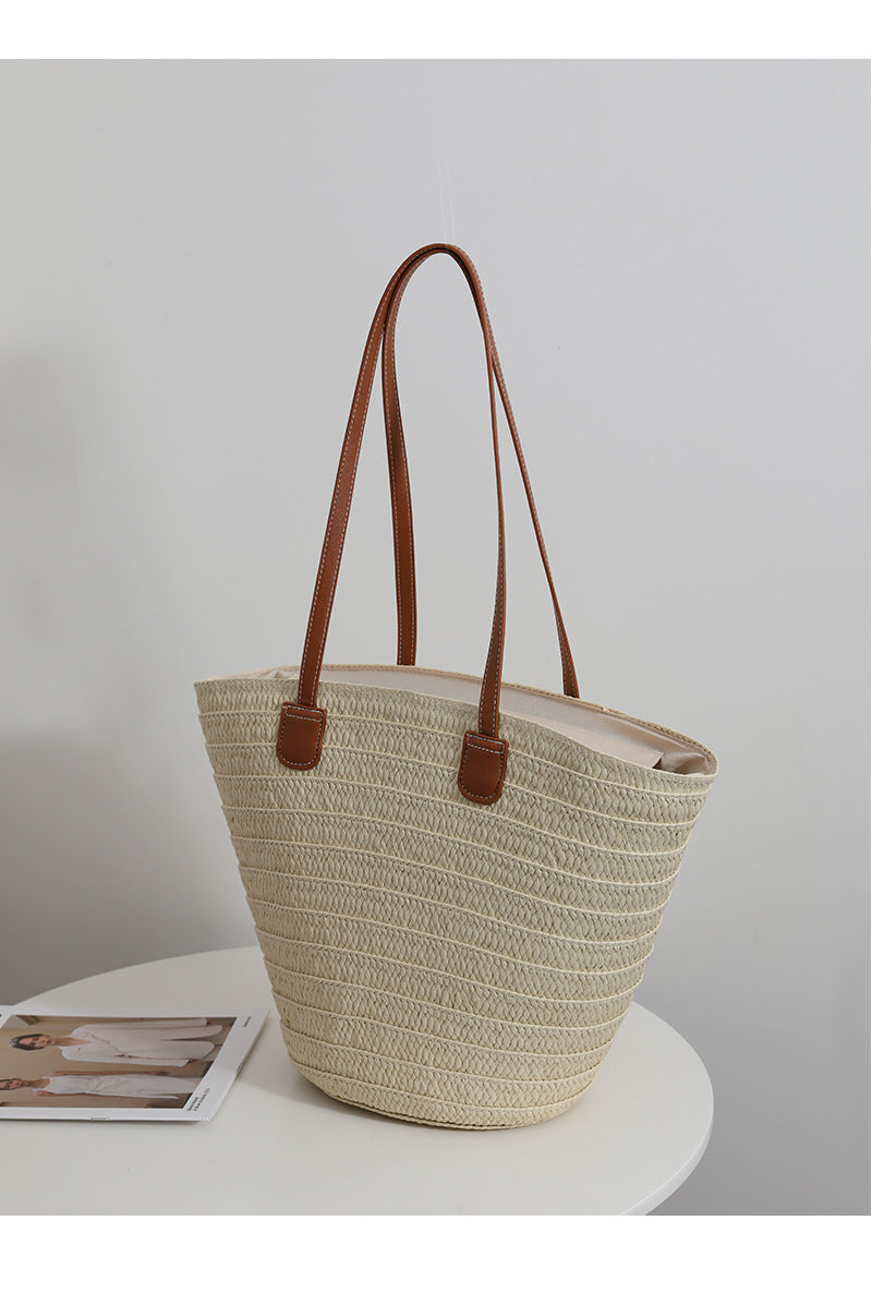 Simple Shoulder Straw Bag Large Capacity Straw Bag Woven Bag Tote Bag Women Seaside Vacation Beach Bag