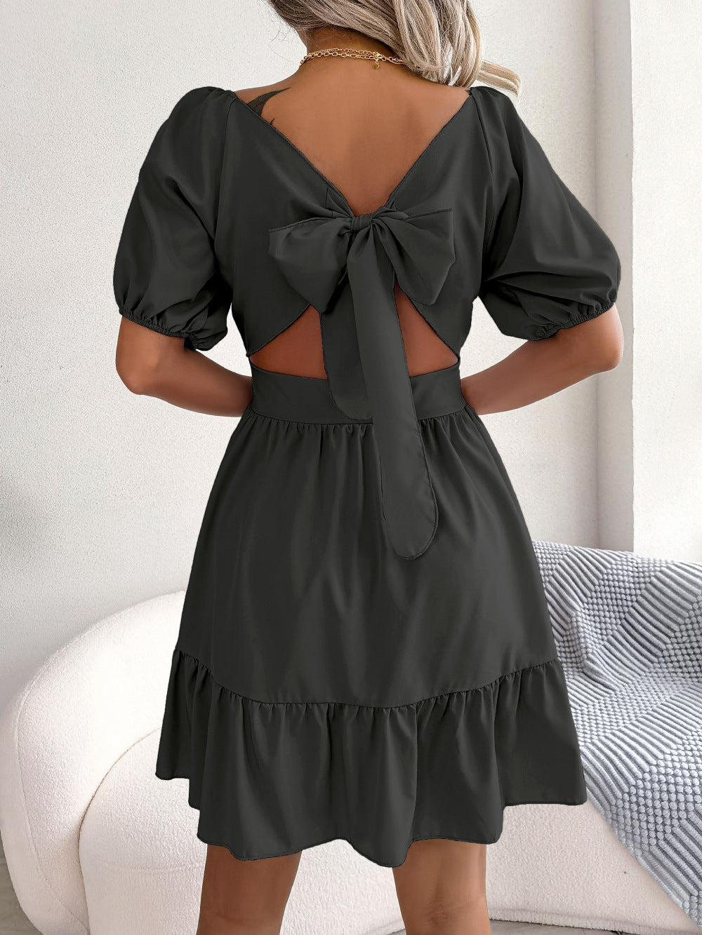 Spring Summer New Casual Square Collar Backless Tied Lotus Leaf Large Swing Dress Women Clothing Tiered Dress