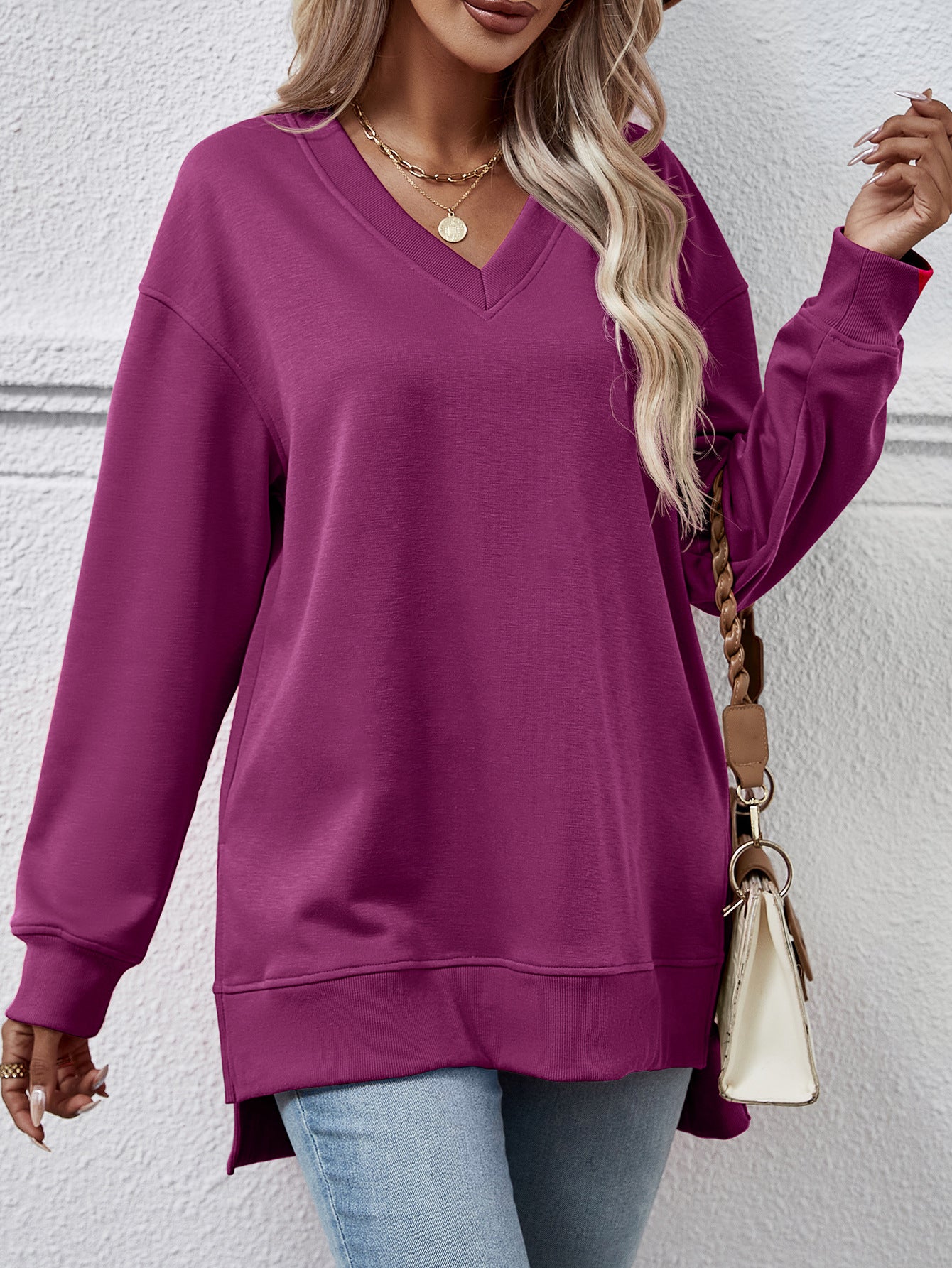 Autumn Winter Women Clothing Sweatshirt Solid Color V Neck Split Front Short Back Long Blouse