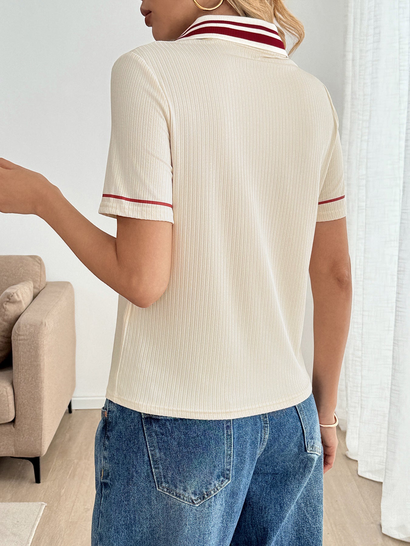 Simple Polo Shirt Retro Sports Striped Short Sleeved T shirt Women