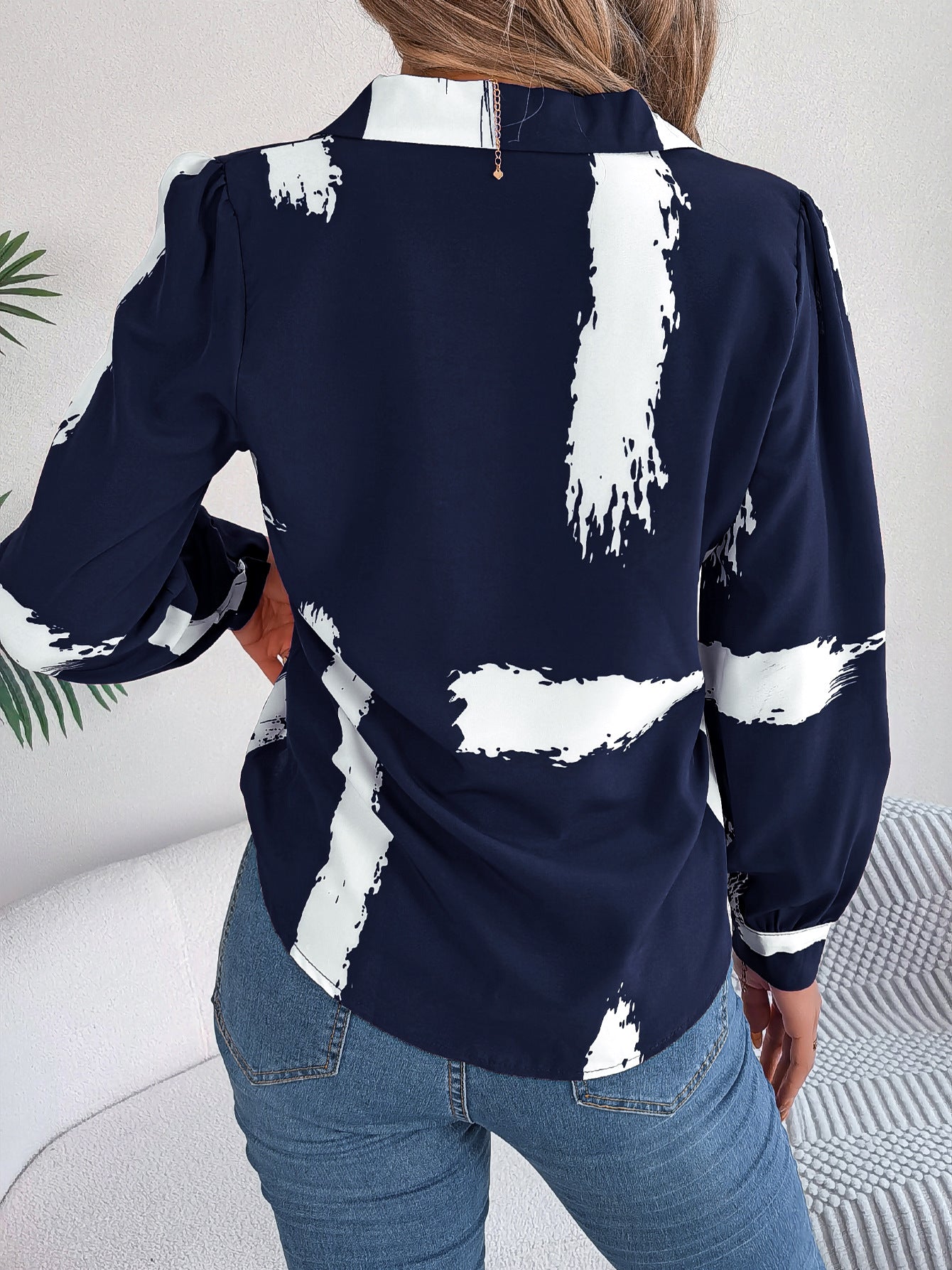 Autumn Winter Contrast Color Striped Collar Long Sleeve Shirt Women Clothing