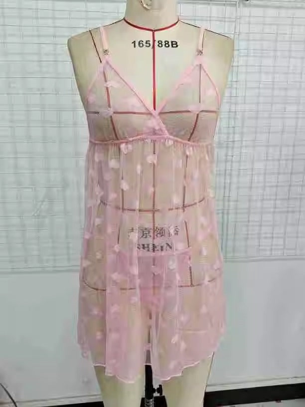 Supply Sexy Pink Love Thin Transparent Mesh Camisole Sexy Lingerie Set