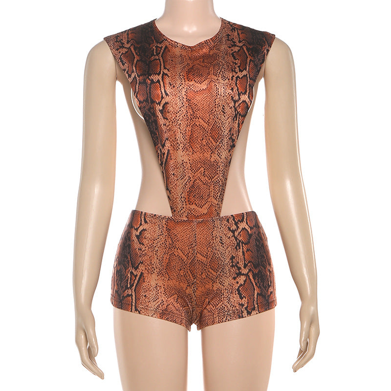 Autumn Winter Women Crew Neck Personality Snake Pattern Sexy Cutout Slim Sexy Jumpsuit