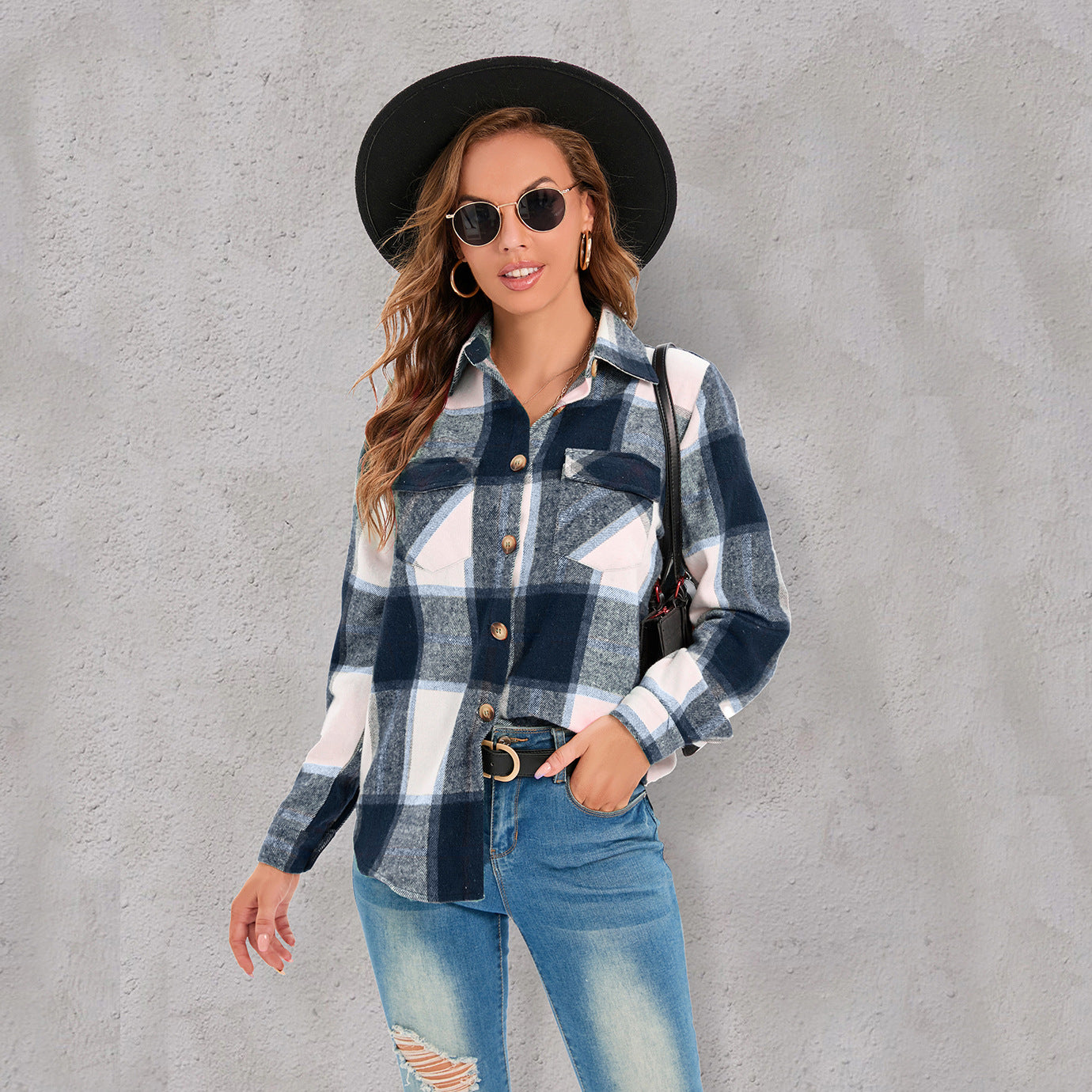 Popular Jacket Long Sleeved Plaid Button Shirt Top for Women