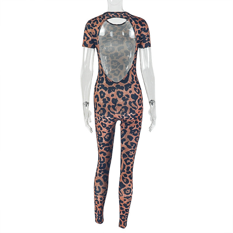 Personality Women Printed Wear Street Office Leopard Print Skinny Jumpsuit Short Sleeve Slim Jumpsuit