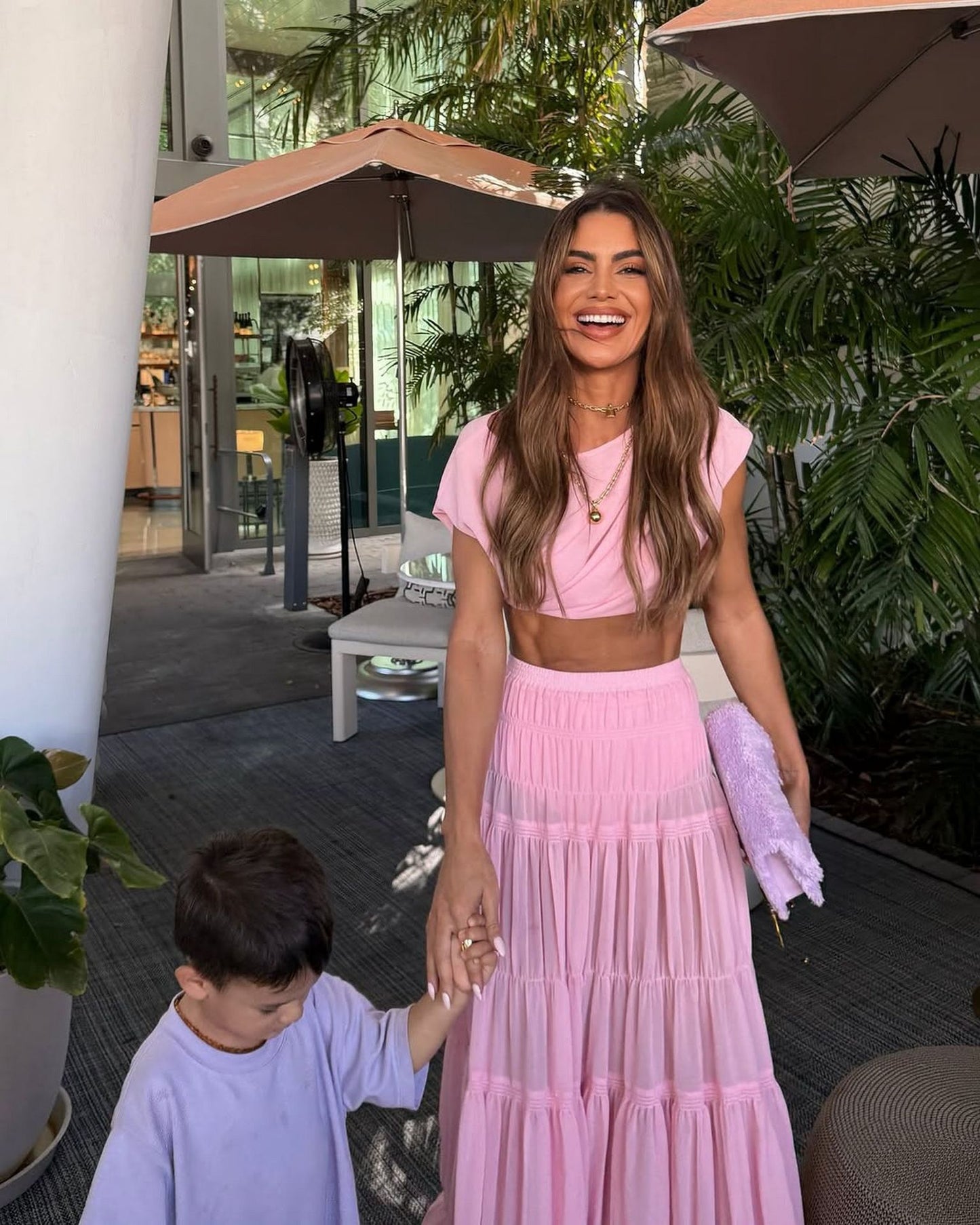 Round Neck Pleated Jacket Pink Patchwork Maxi Dress Two Piece Sets