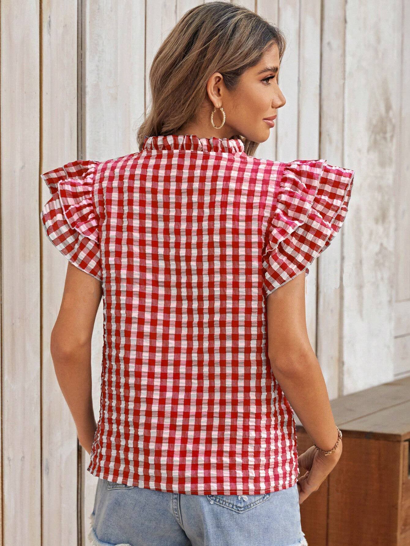 Summer Top Double Layer Ruffled Sweet Cute Women Clothing Plaid Short Sleeve