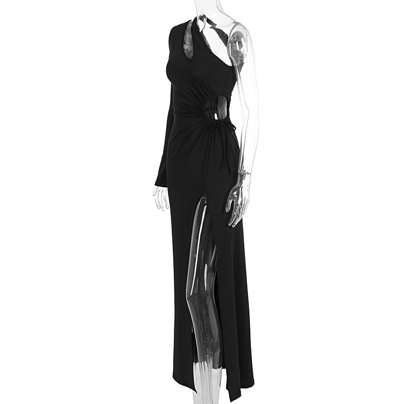 Fall One Shoulder Diagonal Collar Long Sleeve Dress Women Split Hollow Out Cutout Dress