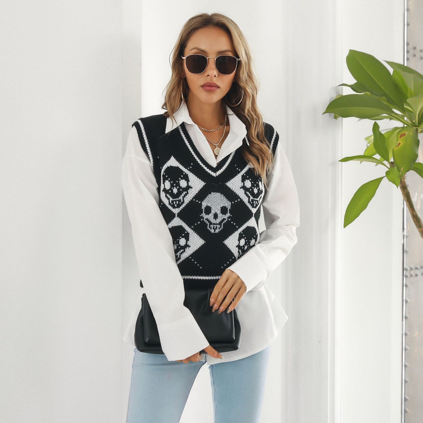 Halloween Skull Jacquard Rhombus Vest Sweater Women Vest Knitwear Autumn Winter