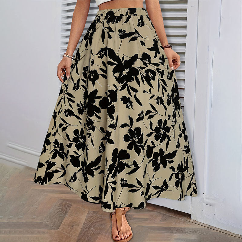 Elastic Waist Printed Long A Line Skirt Summer High Grade Office Draping Pleated Skirt Skirt Women Clothing