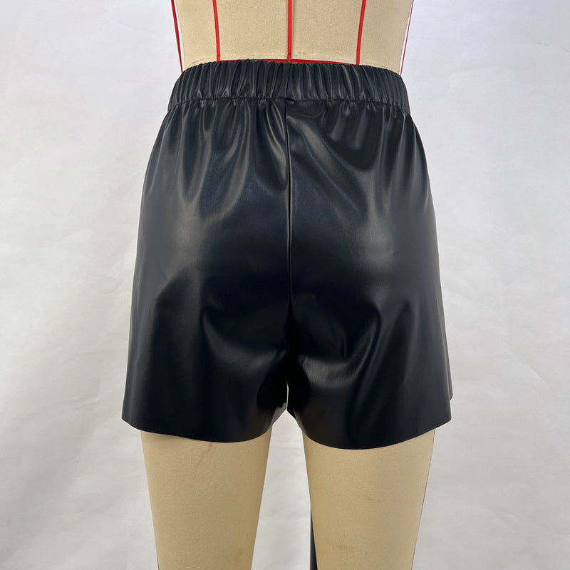 Women Clothing Solid Color Waist Tight Faux Leather Shorts Leather Pants Women Pants
