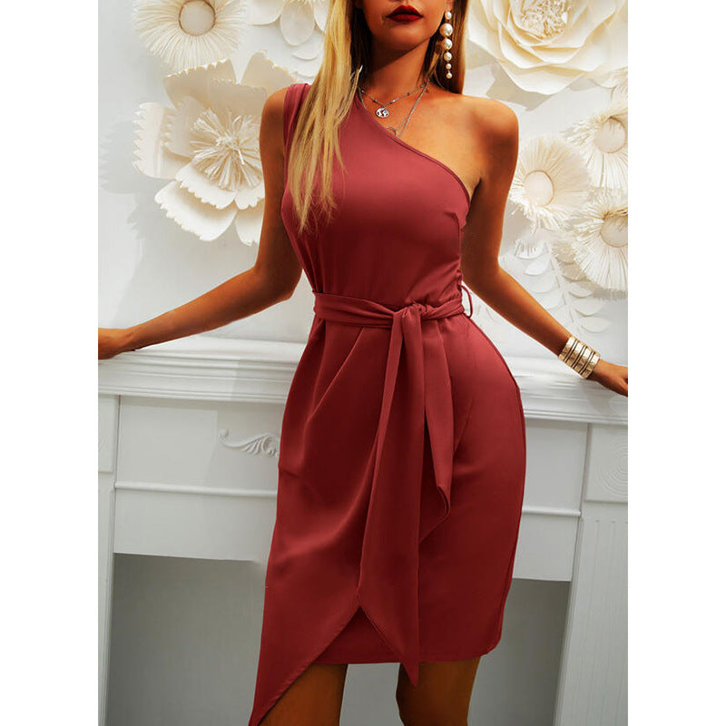 Summer Solid Color Sleeveless Shoulder Irregular Asymmetric Lace-up Party Dress