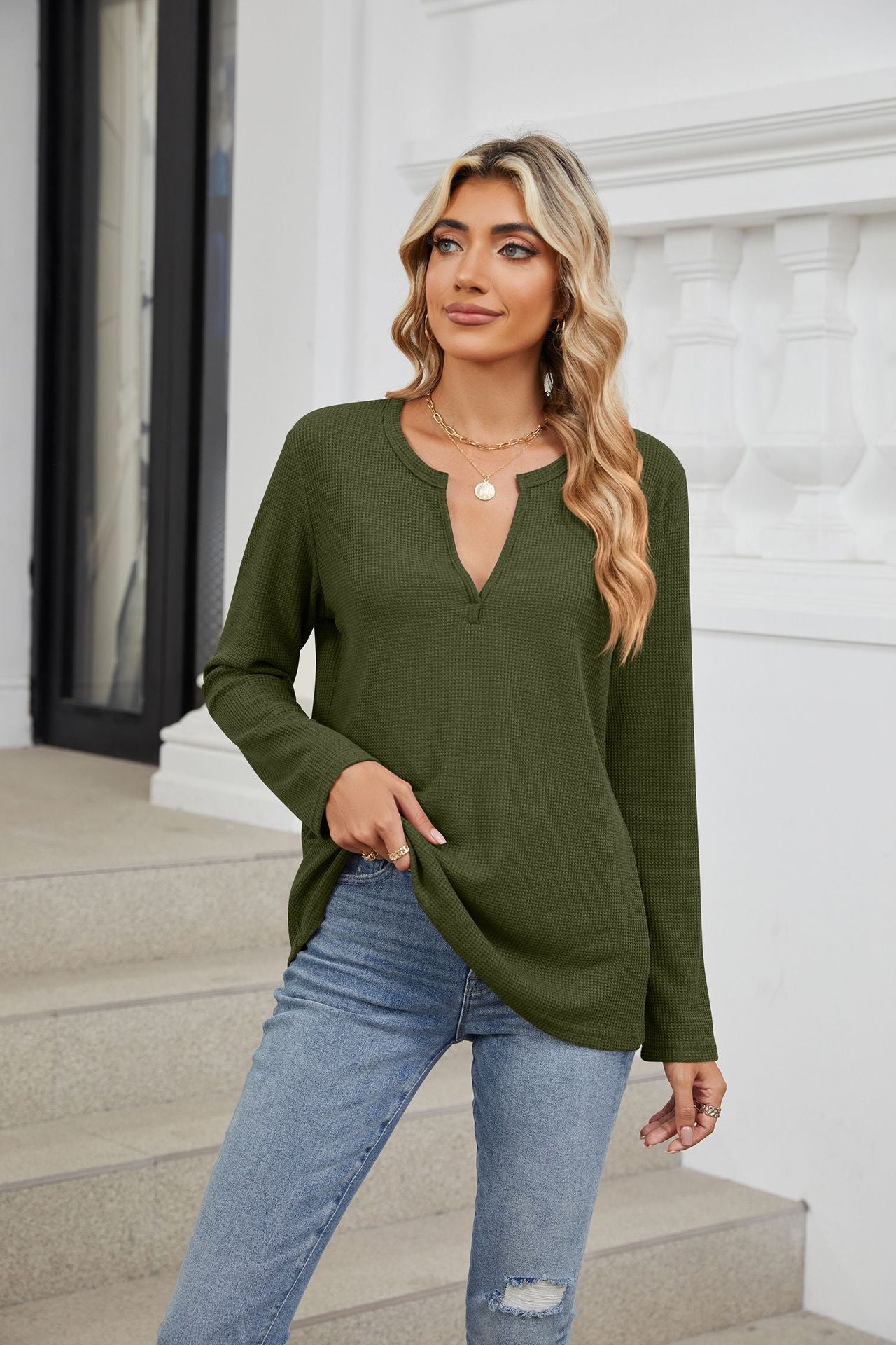 Spring Autumn Loose Fitting V Neck Long Sleeves Solid Color Casual T Shirt Top Women