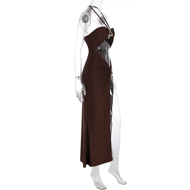 Women Clothing Summer Sexy Lace up Cutout Metal Decoration Split Dress