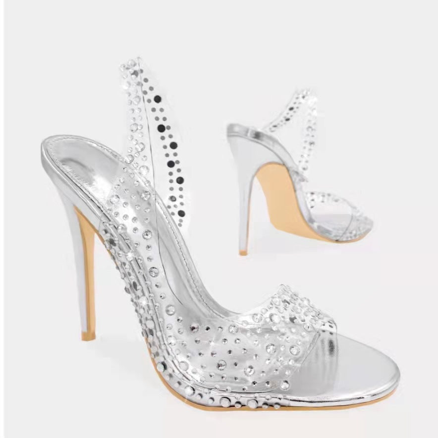 High Heel Transparent PVC Fabric Peep Toe Sandals Women Rhinestone Pointed Toe Sexy Stiletto Heel Slippers