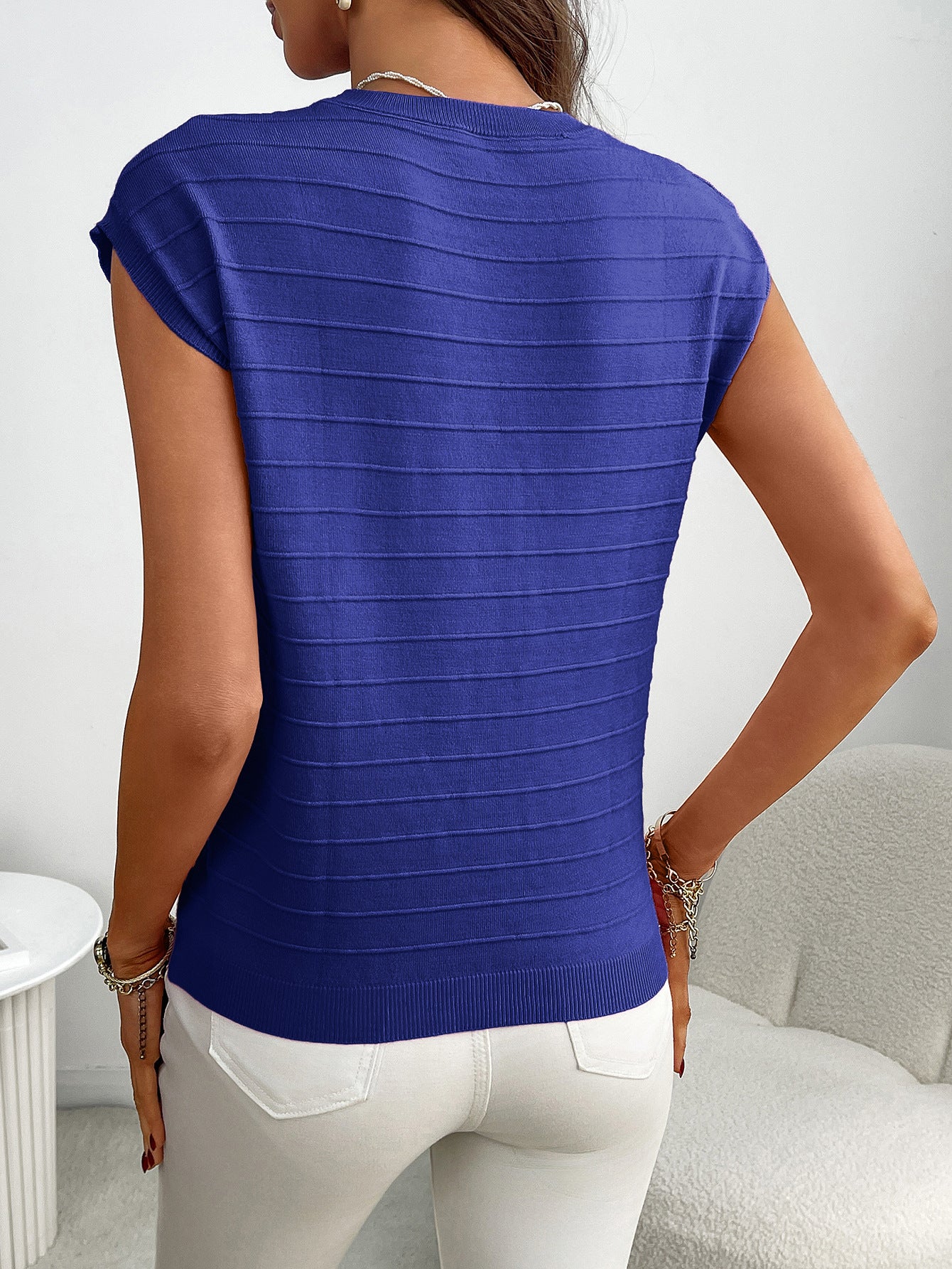 Summer Women Clothing Pullover Short Sleeve round Neck Striped Knitted Pocket Sweater
