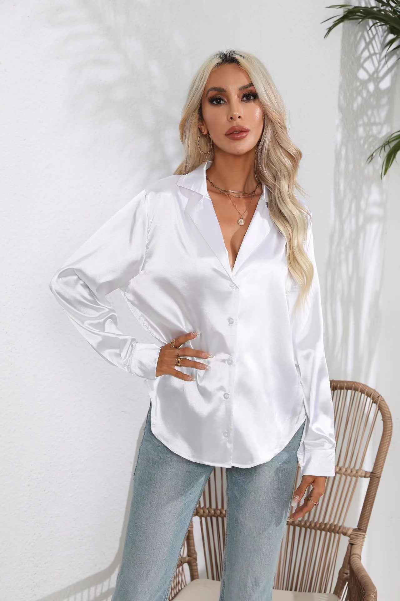 Popular Real Collar Satin Shirt Women Satin Artificial Silk Long Sleeve Shirt Women Clothing