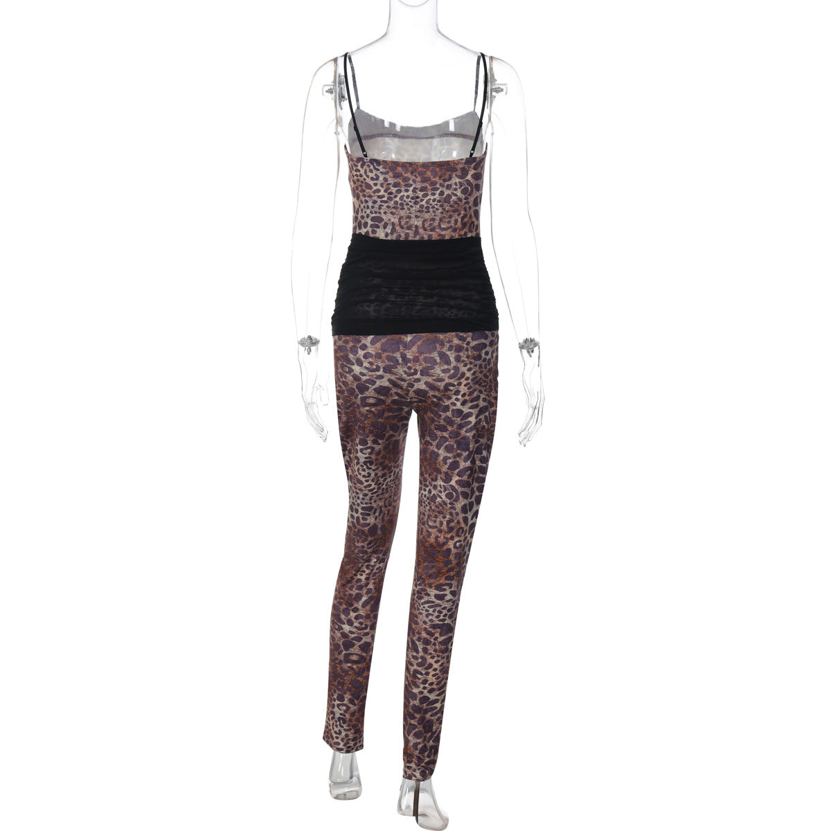 Women Clothing Winter Leopard Print Printed Mesh Lace up Slim Strap Jumpsuit Women