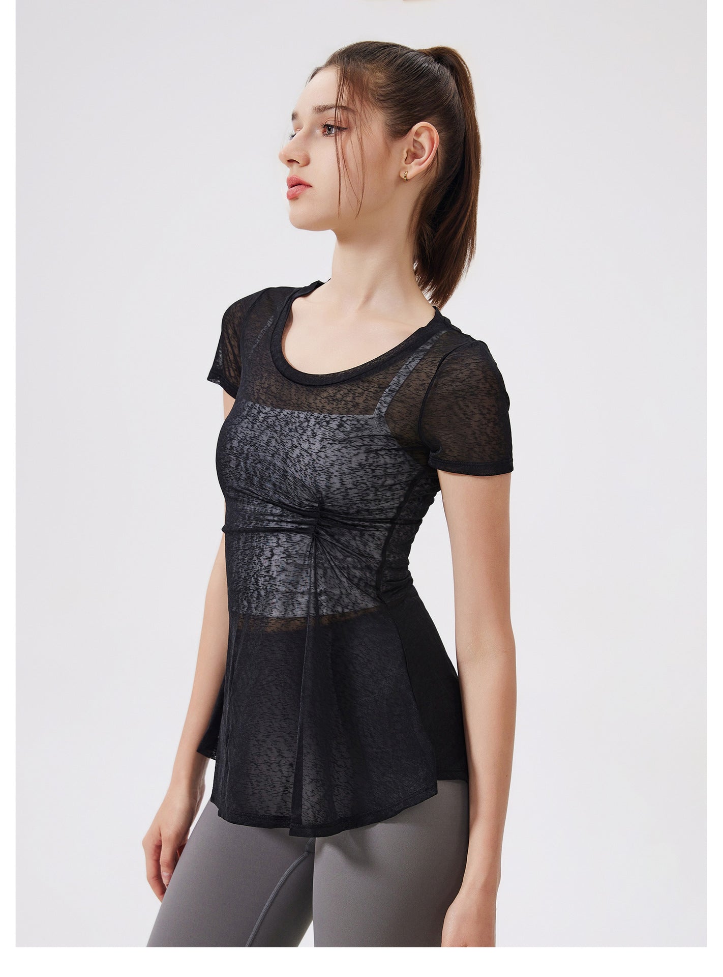 Thin Short Sleeve Slim Fit Breathable Yoga Blouse round Neck Mid Length Waist Fitness Clothes Yoga Clothes Workout Top