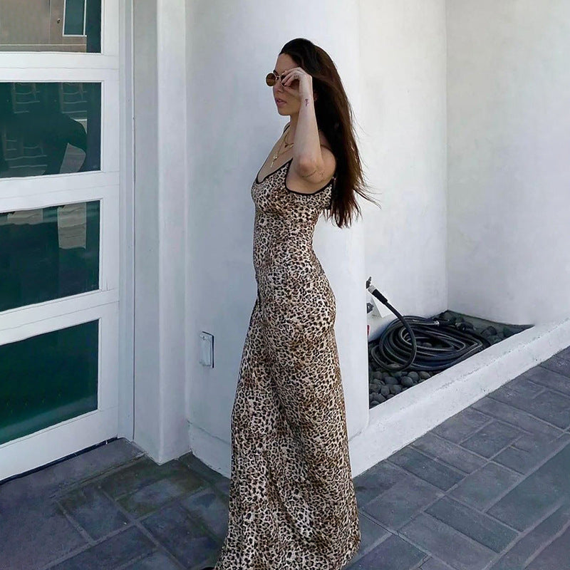 Spring Socialite Elegant Slim Leopard Print Cami Long Dress