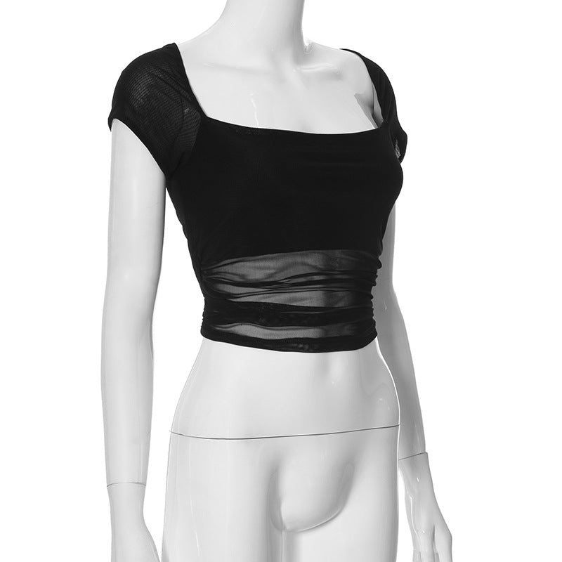 Women Clothing Summer Solid Color Mesh See Through Stitching Short Sleeve Bottoming Top