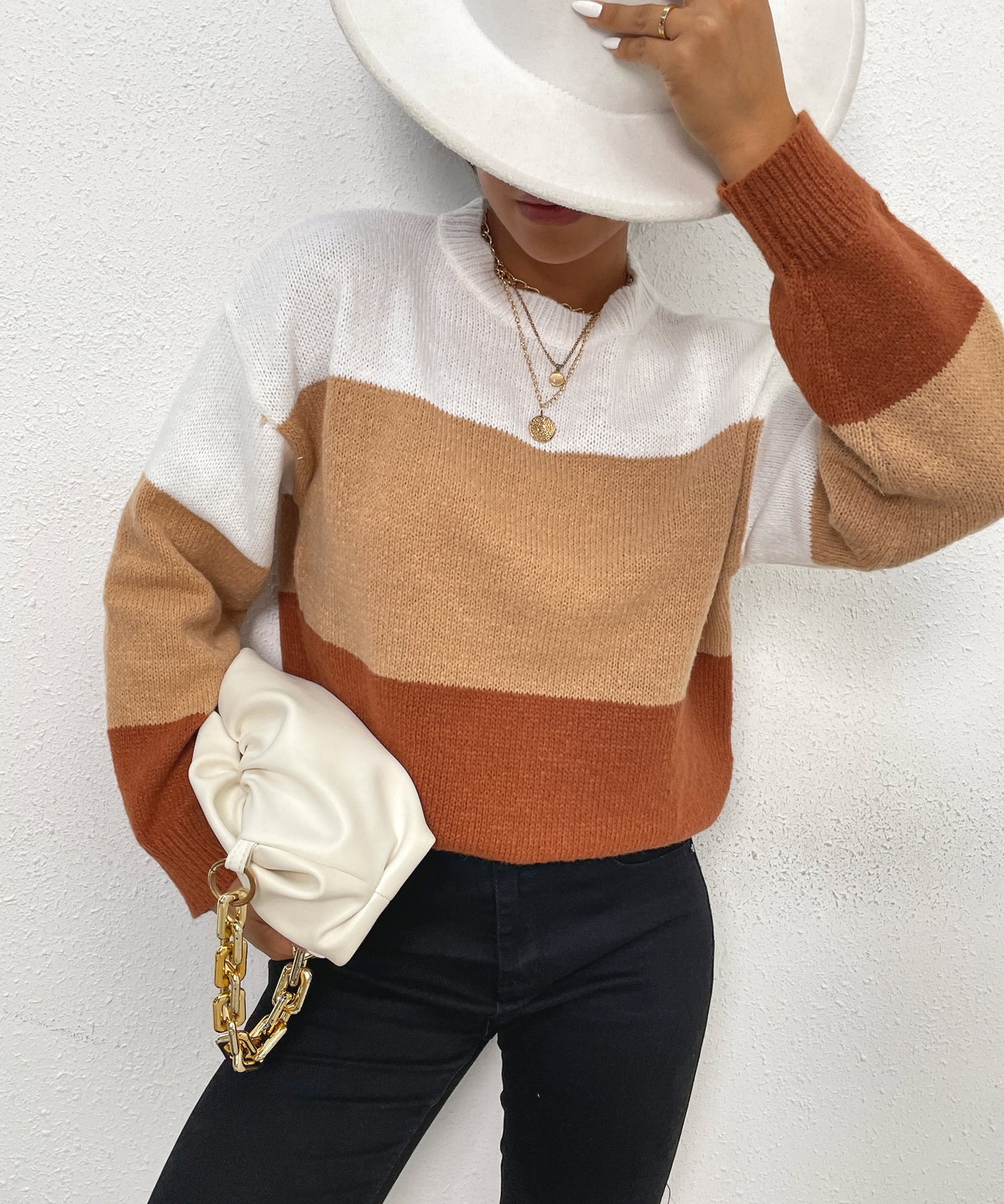 Vietnam Autumn Winter Casual Loose Gradient Color round Neck Striped Contrast Color Sweater Women