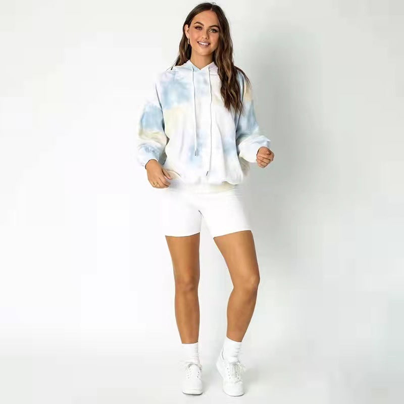 Autumn Winter Tie-Dye Loose Hooded Drawstring Women Clothing Urban Casual Long Sleeves