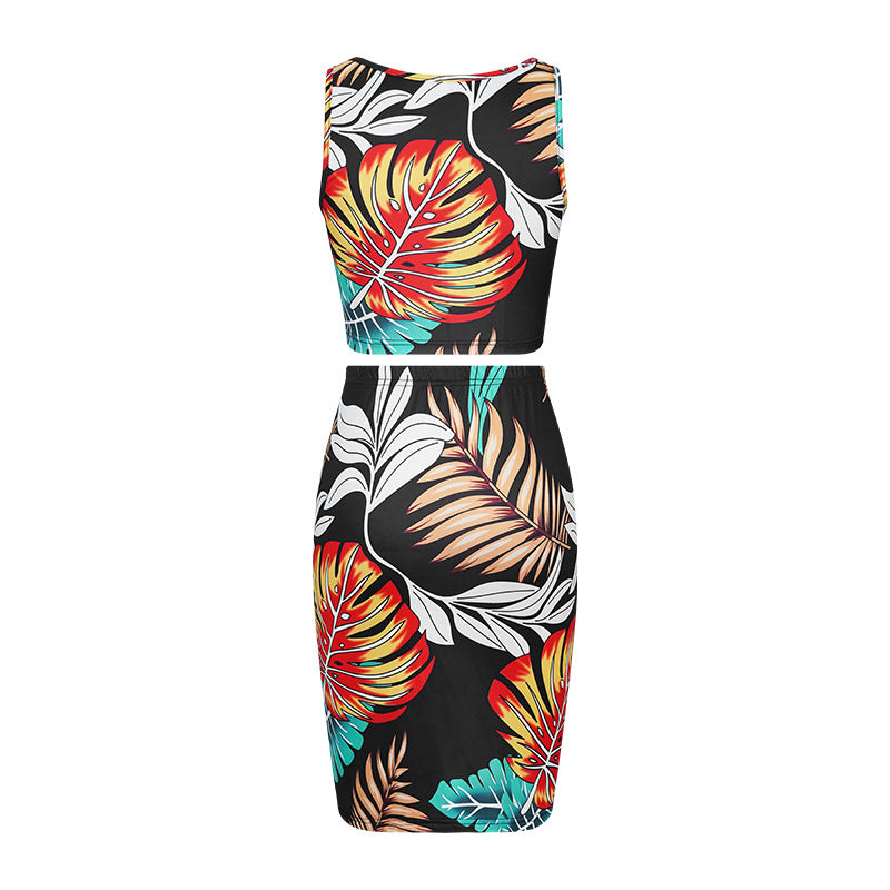 Women Clothing Summer Slip Dress Casual Two Piece Suit Sexy Print