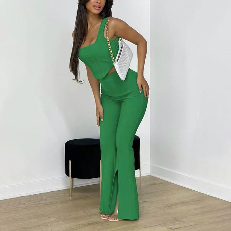 Summer Pants Suit Solid Color Office Sleeveless Vest Split Trousers Casual Two Suits