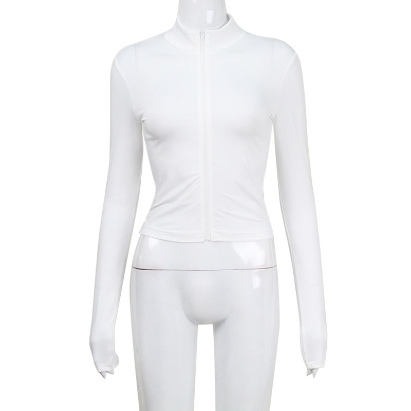 Women Long Sleeve Half Turtleneck Zipper Cardigan Short Tight Sexy Slim Top T shirt