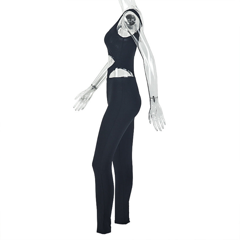 Sports Solid Color Women Clothing Sheath Sexy All Match Jumpsuit Hollow Out Cutout Backless Mid Waist Tight Jumpsuit