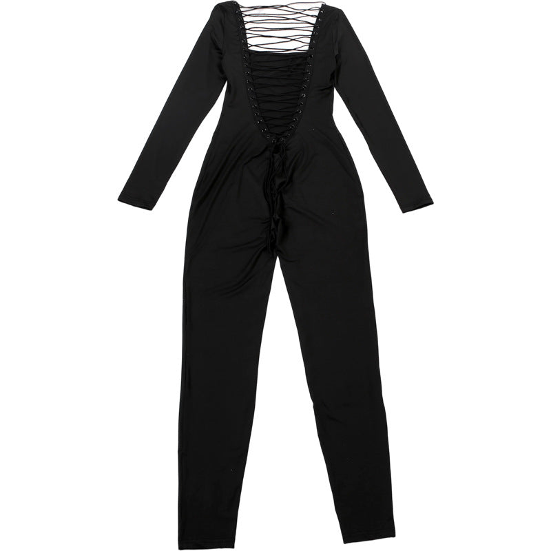 Women Clothing Autumn Winter Sexy U Collar Backless Lace up Long Sleeve Solid Color Hip Lifting Jumpsuit