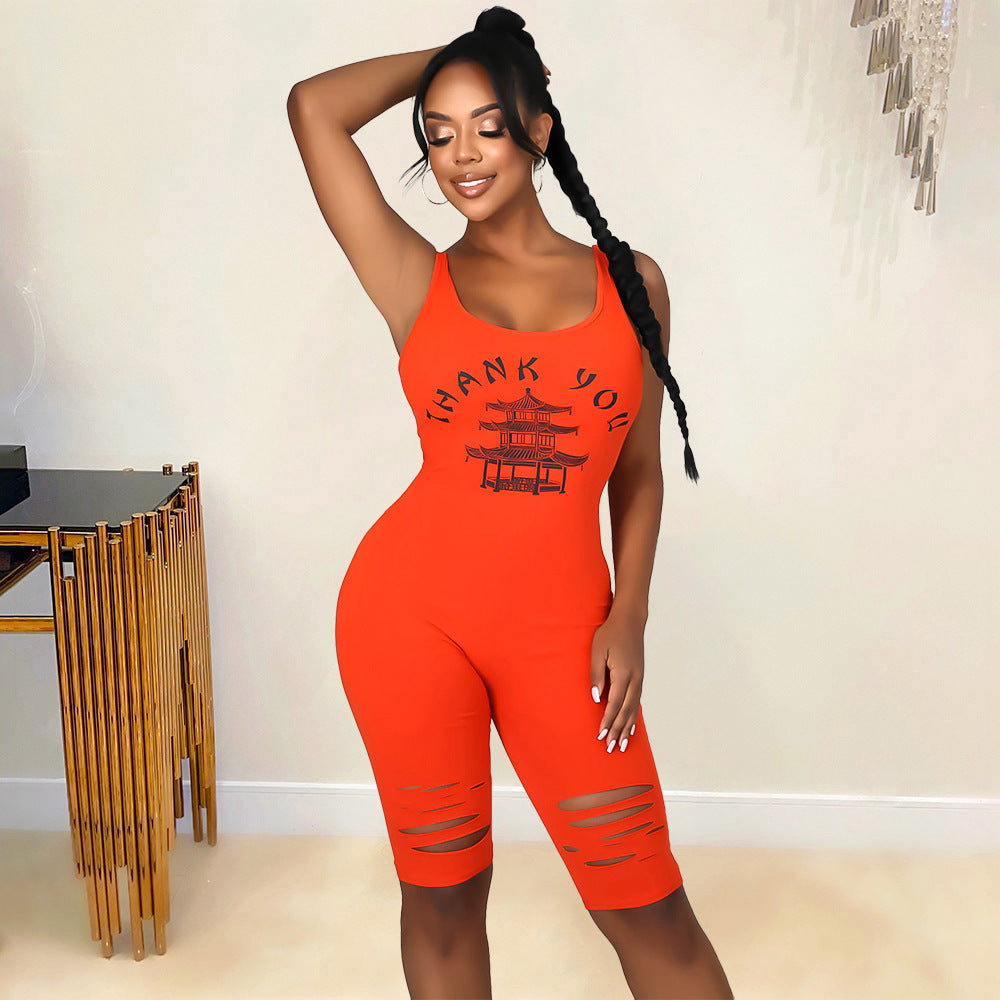 Summer Women Clothing Sports Casual Printed Hollow-out Ripped for Women Romper