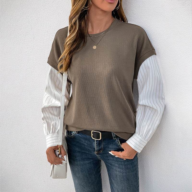 Autumn Casual Long Sleeve Faux Two Piece Color Matching Knitted round Neck Sweatshirt