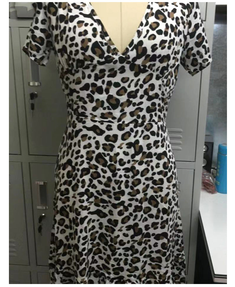 Summer Sexy V neck Mid Waist Short Dress Leopard Print Dress