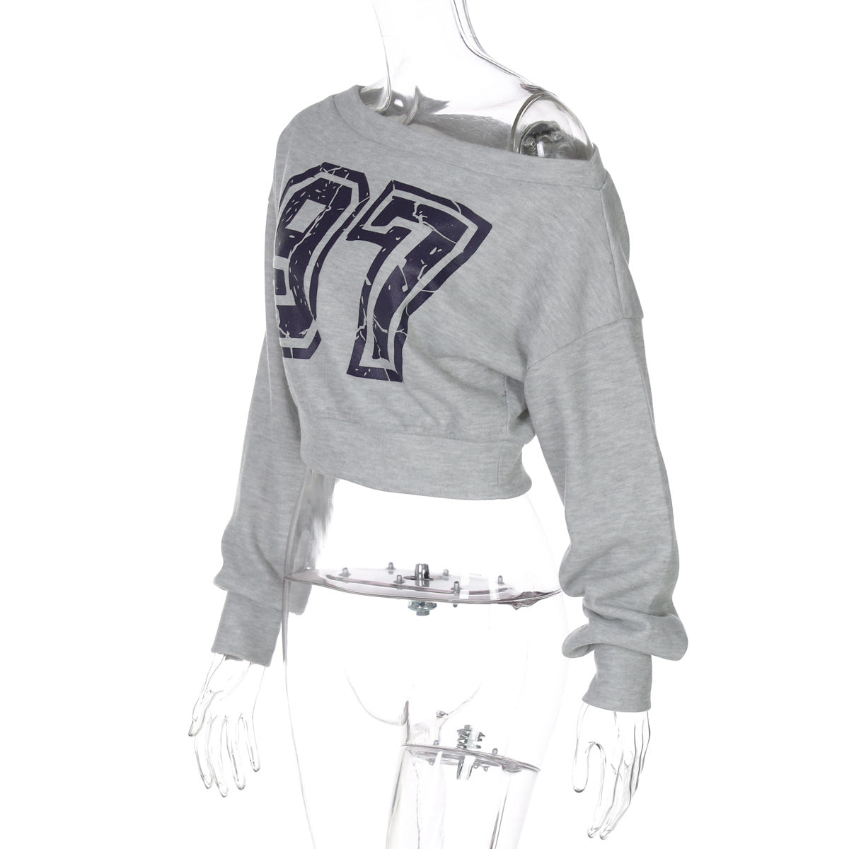 Women Clothing Autumn Digital Printing Pattern One Shoulder Cold-Shoulder Sexy Cropped Cropped Hoodie