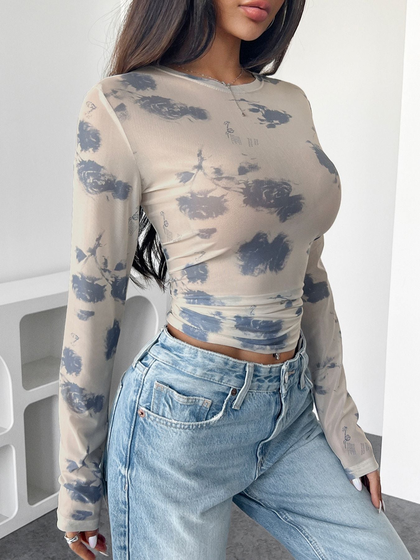 Autumn Winter Elegant Women loral Mesh Floral Print Pleated Side Short Top for Women