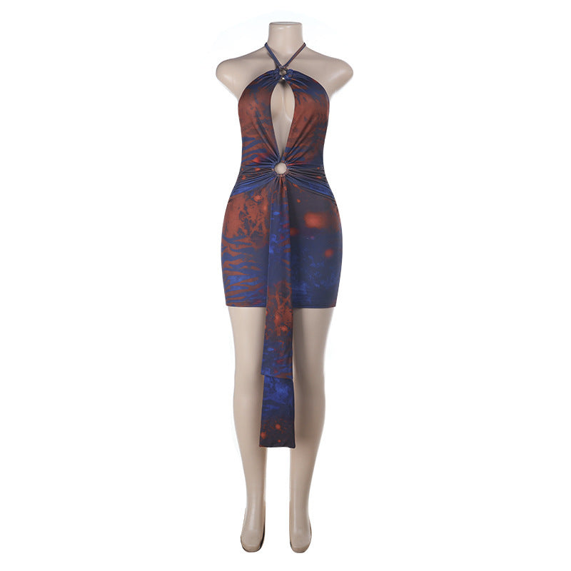 Sexy Backless Waist Trimming Halter Cut out Printed Sheath Dress