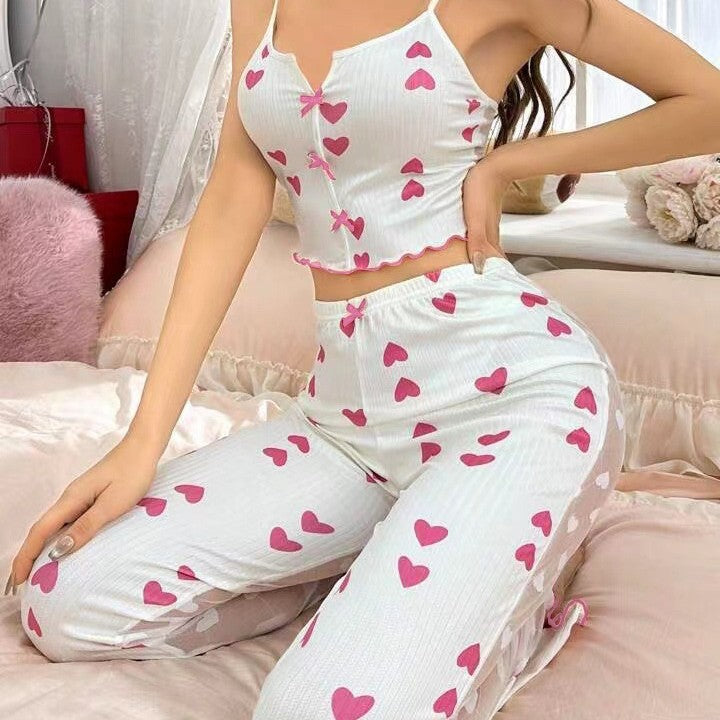 Printed Color Contrast Patchwork Mesh Pajamas Front Split Sling Pajamas Set