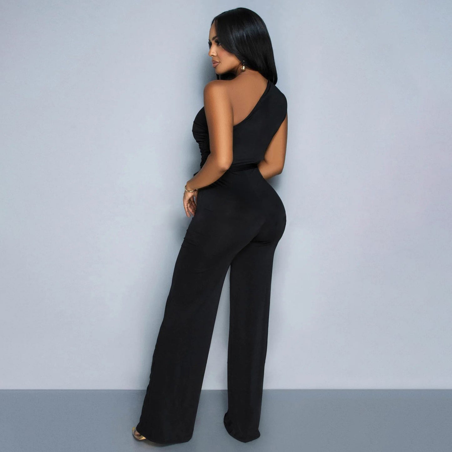 Women Wear Sleeveless Waist Tight Diagonal Collar Solid Color Jumpsuit