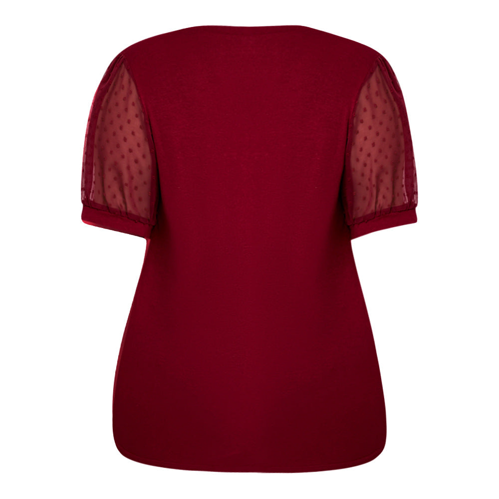 Women Clothing Mesh Fluffy Short Sleeve Puff Sleeve V neck Solid Color T shirt Women