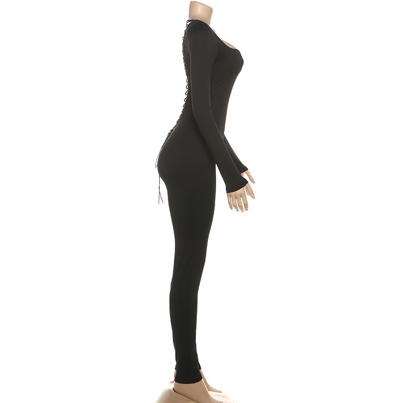 Women Clothing Autumn Winter Sexy U Collar Backless Lace up Long Sleeve Solid Color Hip Lifting Jumpsuit