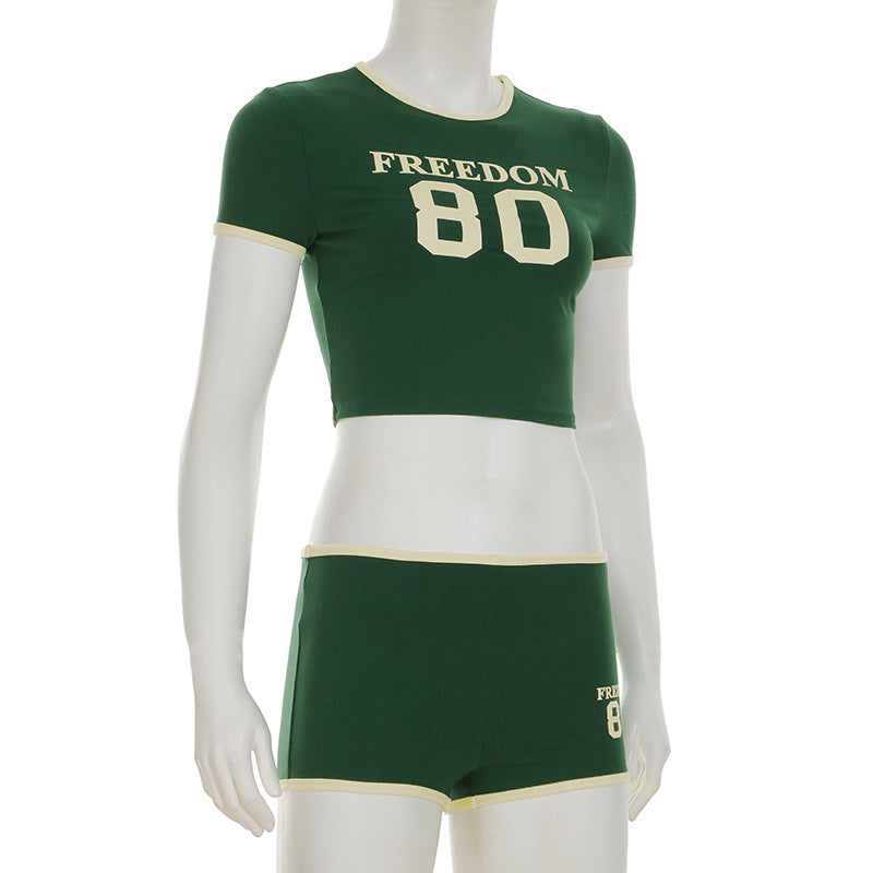 Street Digital Printing Basic round Neck Short Sleeve Top Contrast Color Shorts Sports Casual Two Piece Set