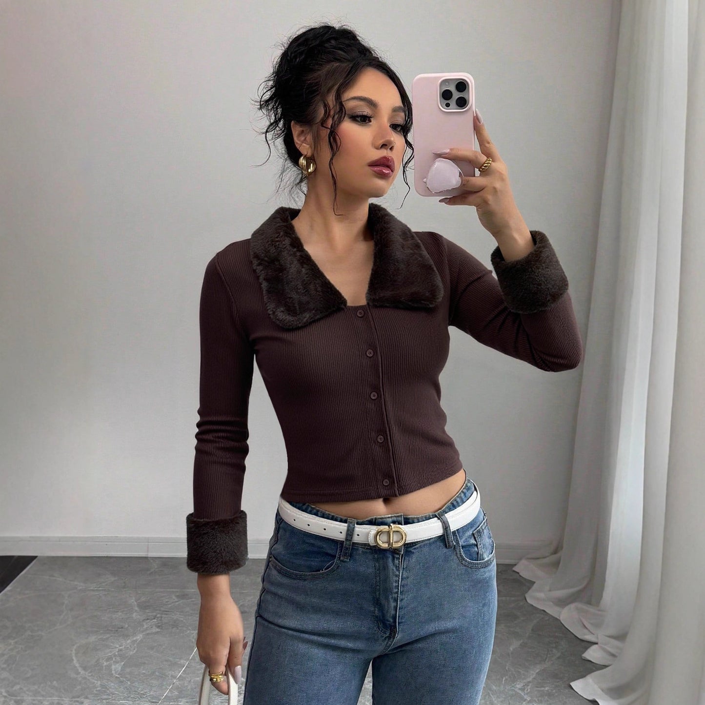 Autumn Winter Sexy Women Top Retro Short Fur Collar Long Sleeve