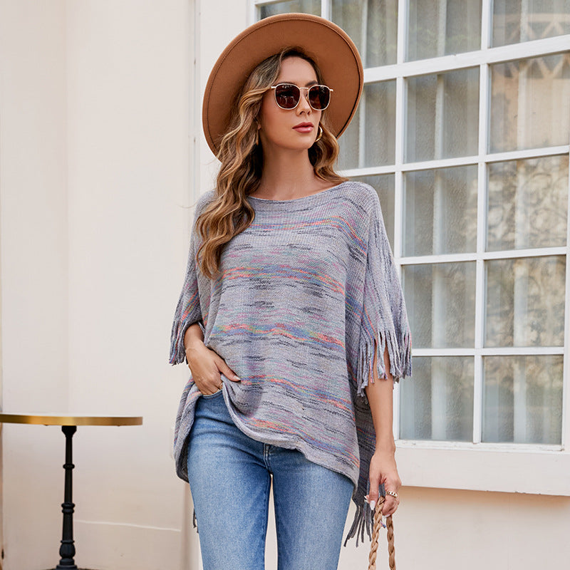 Tassel Cape Shawl Women Autumn Winter Outerwear Striped Knitted Cape
