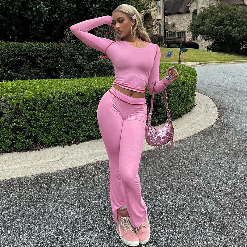 Women Clothing Winter Long Sleeve round Neck Solid Color Slim Fit Reverse Stitching Trousers Two Piece Set