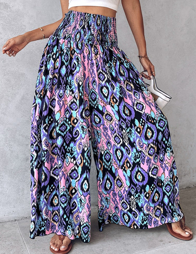 Women Clothing Printed Waist-Controlled Casual Trousers Wide Leg Pants