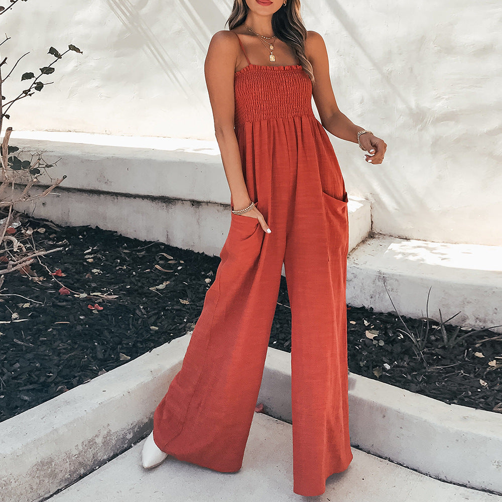 Women Clothing Solid Color Sling Pleating Casual Office High Waist Jumpsuit