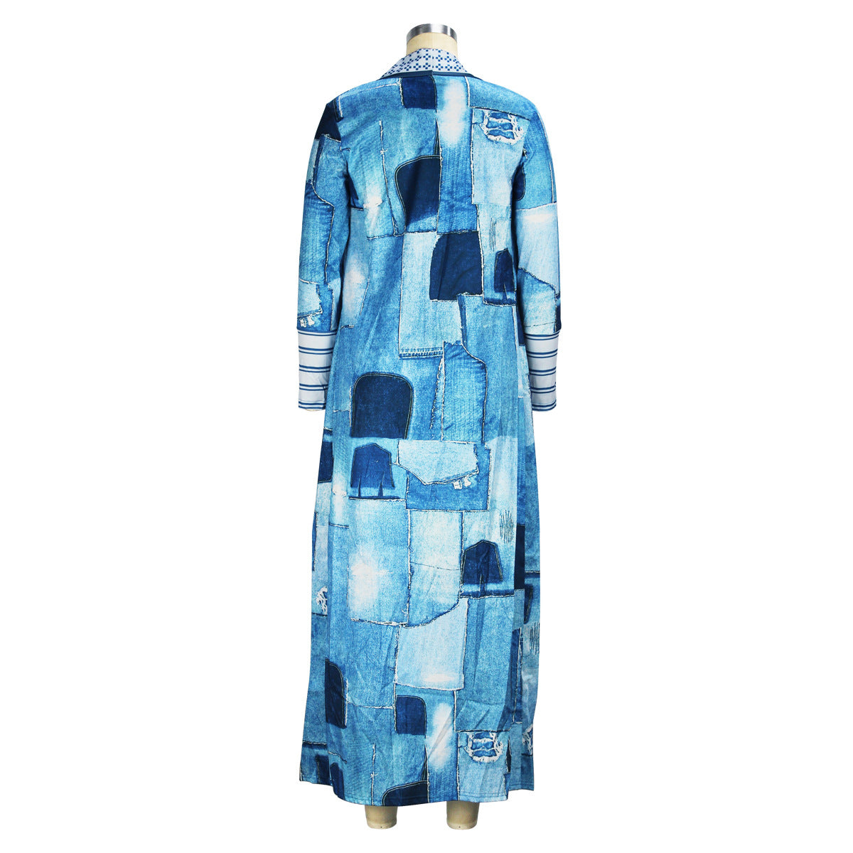 Casual Women Wear Imitation Denim Printed Long Trench Coat Cardigan Coat